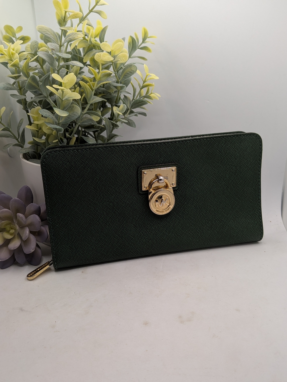 Michael Kors Hamilton Dark Green Saffiano Leather Zip-Around Wallet